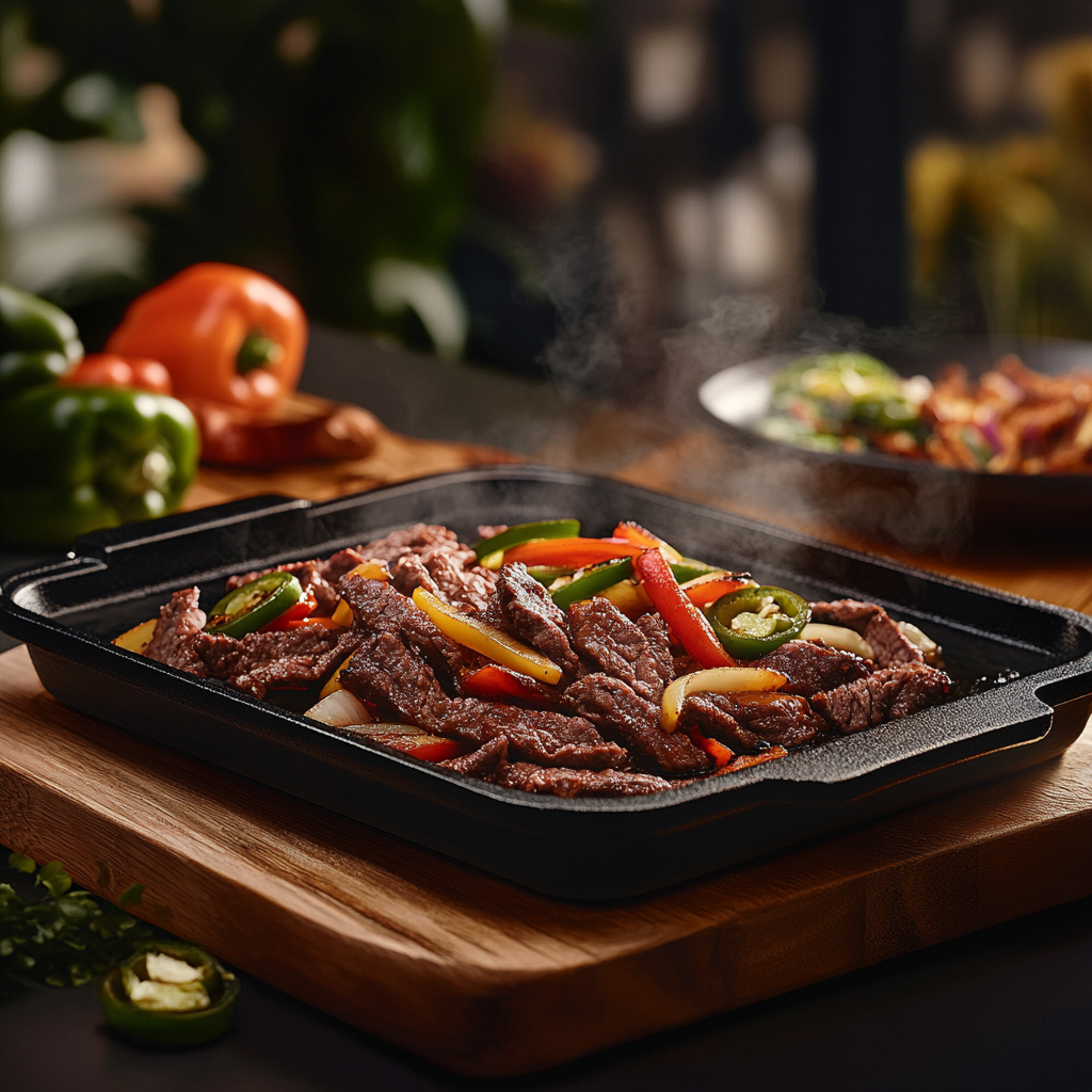 Sizzling Beef Fajitas on Hot Griddle Pan