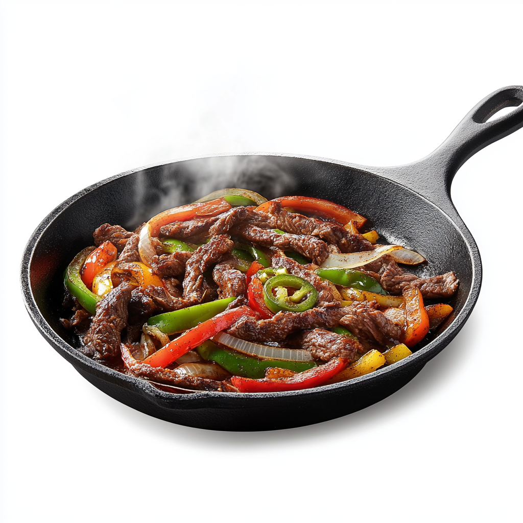 Sizzling beef fajitas on a hot griddle pan.