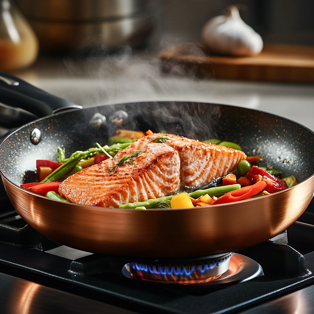 Sizzling salmon and veggies in the copper pan