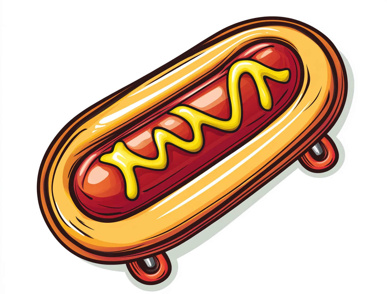 Skateboard shaped like hot dog illustration on white background.