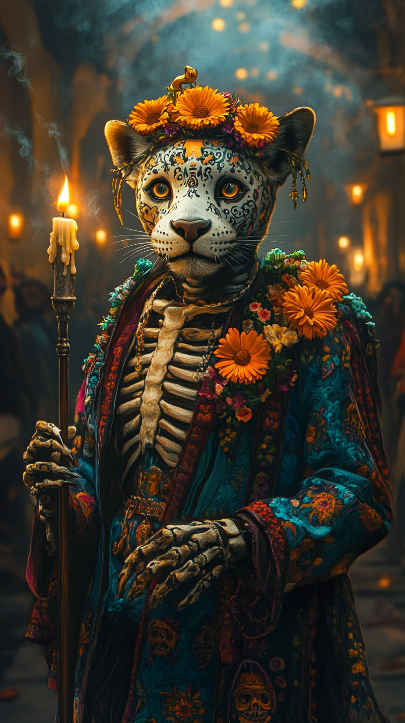 Skeletal Jaguar Celebrates Day of the Dead