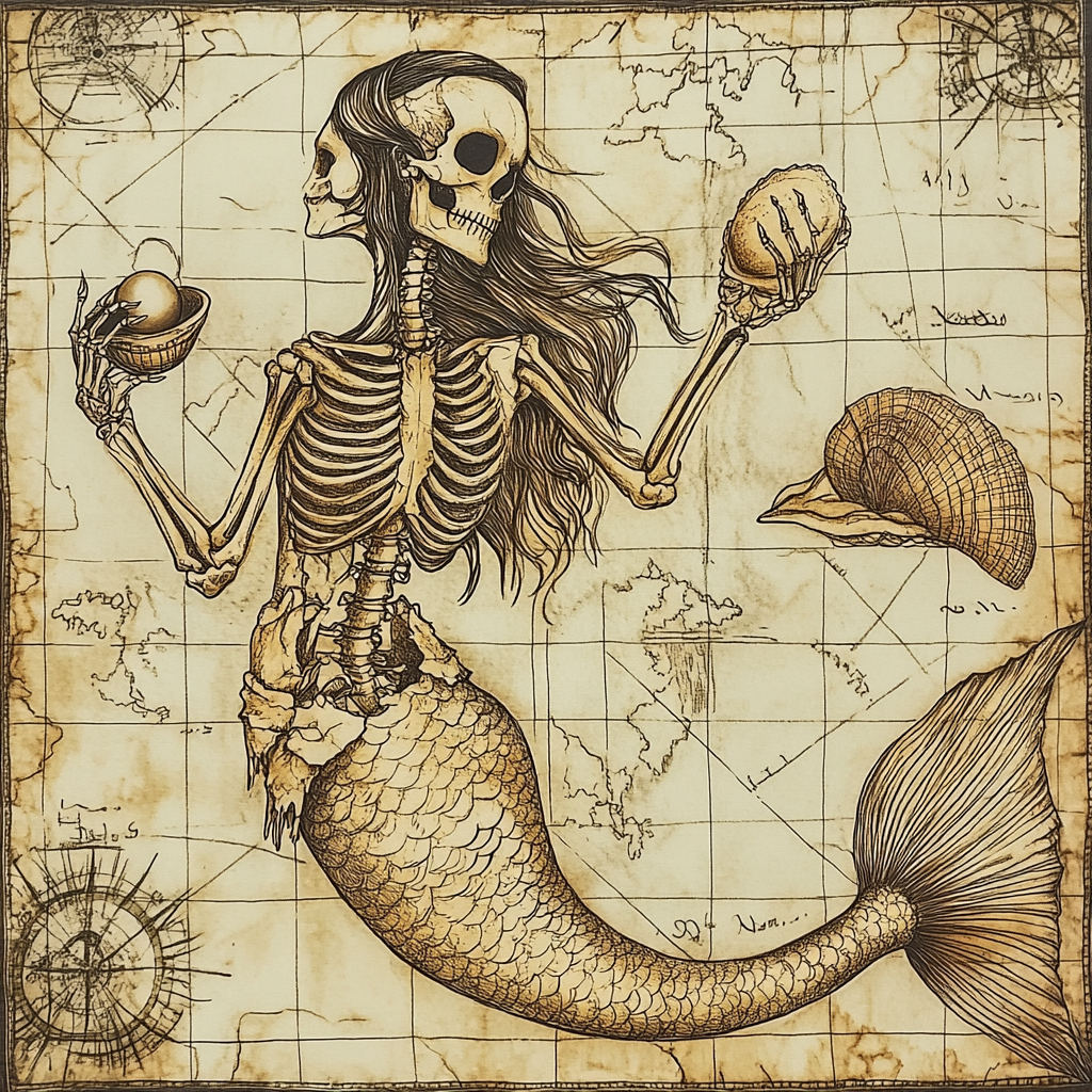 Skeleton Mermaid Holding Pearl on Old Map Illustration