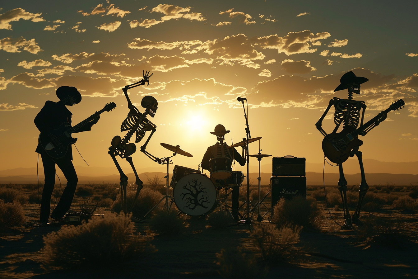 Skeleton band jamming in Texas desert graffiti sunset.