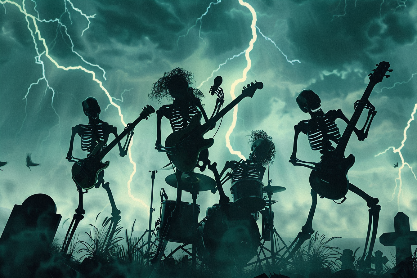 Skeleton band playing instruments in stormy cemetery scene.