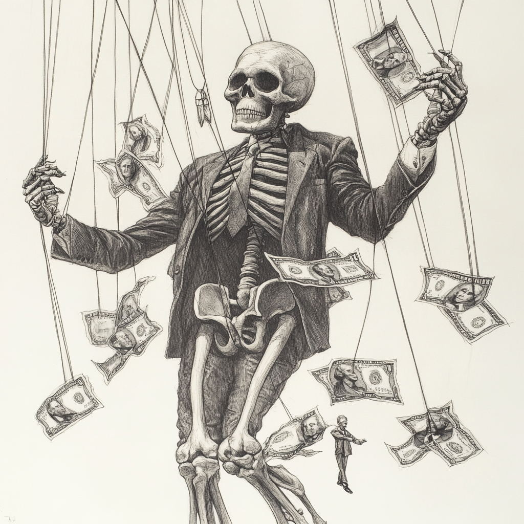 Skeleton controls marionettes in business attire chasing bank notes.