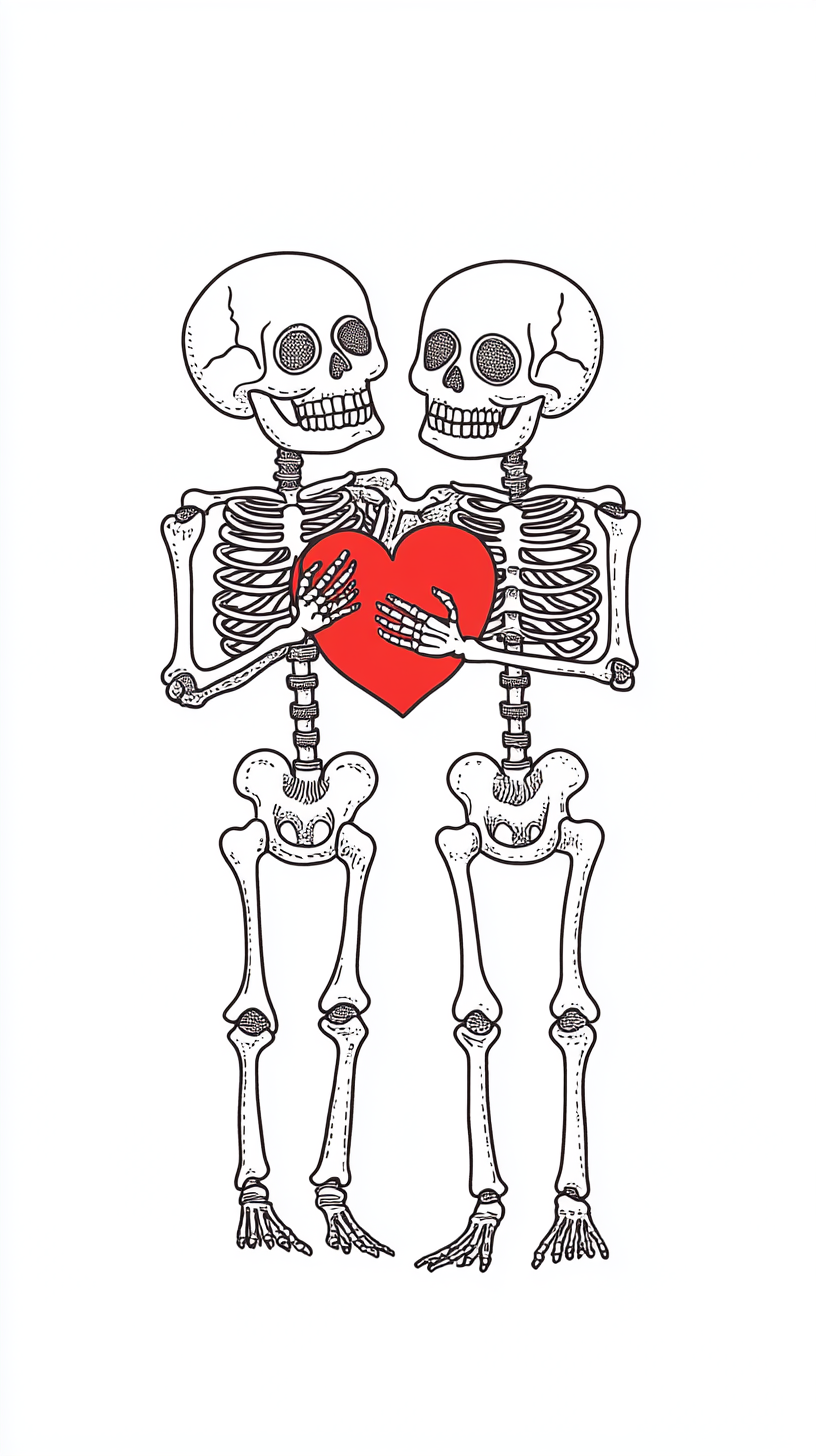 Skeleton couple hugging, heart in hand, white background