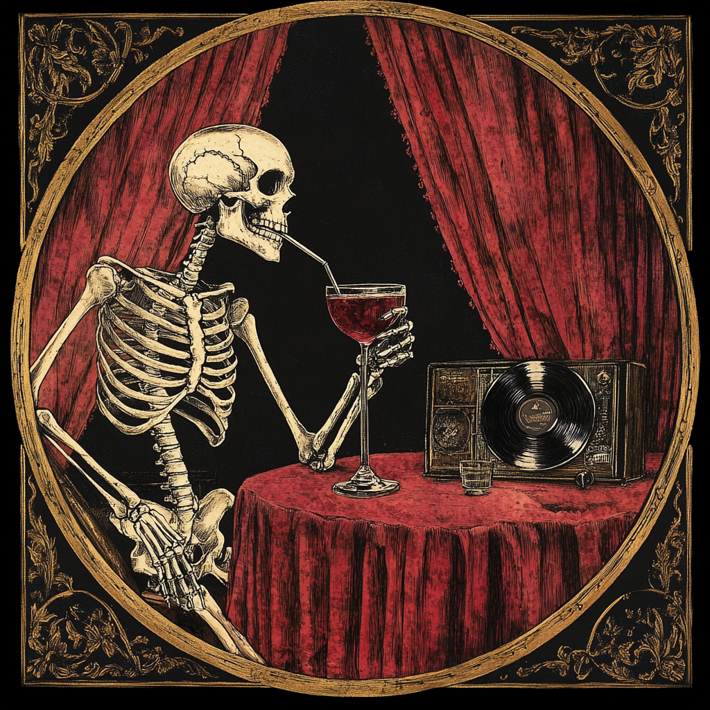 Skeleton enjoys a cocktail in jazzy bar.