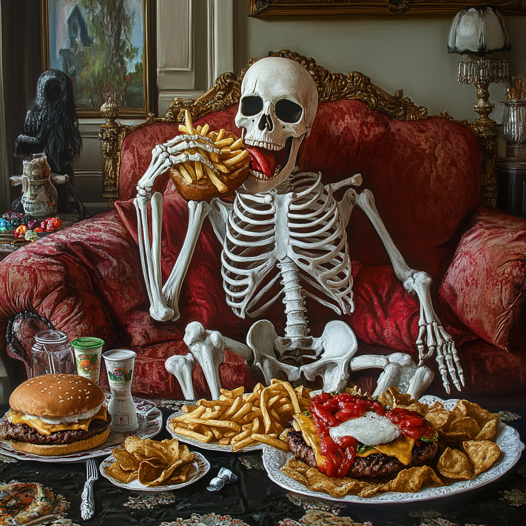 Skeleton gobbles food in fancy house