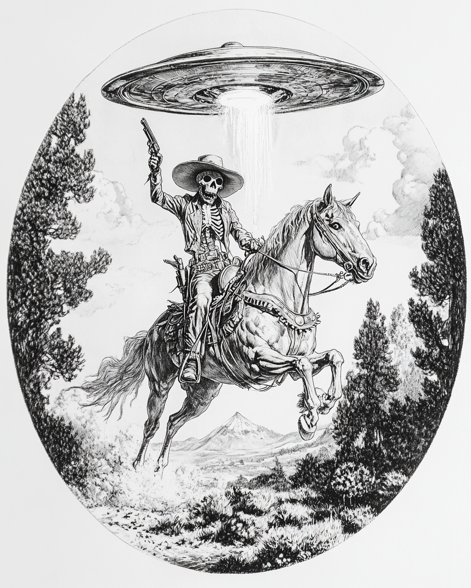 Skeleton gunslinger on horse abducted by UFO in sketch.