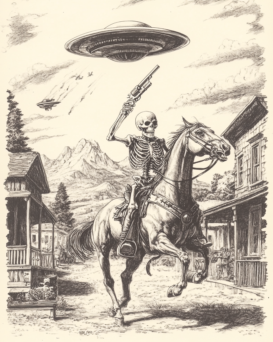 Skeleton gunslinger on horseback, chased by UFO in town.