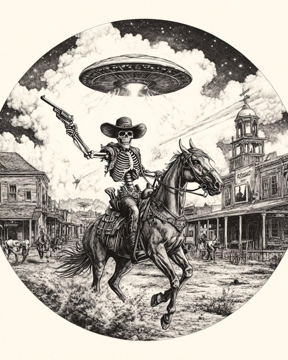 Skeleton gunslinger on horseback aims at UFO through town.