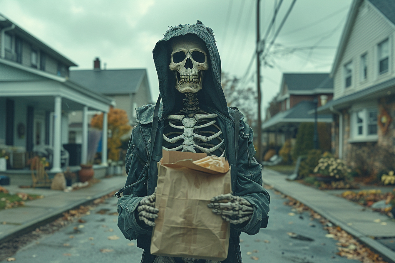 Skeleton in clothes waiting for package in suburb