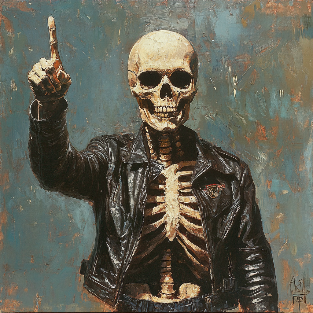 Skeleton in motorcycle jacket provocatively raising middle finger backward.