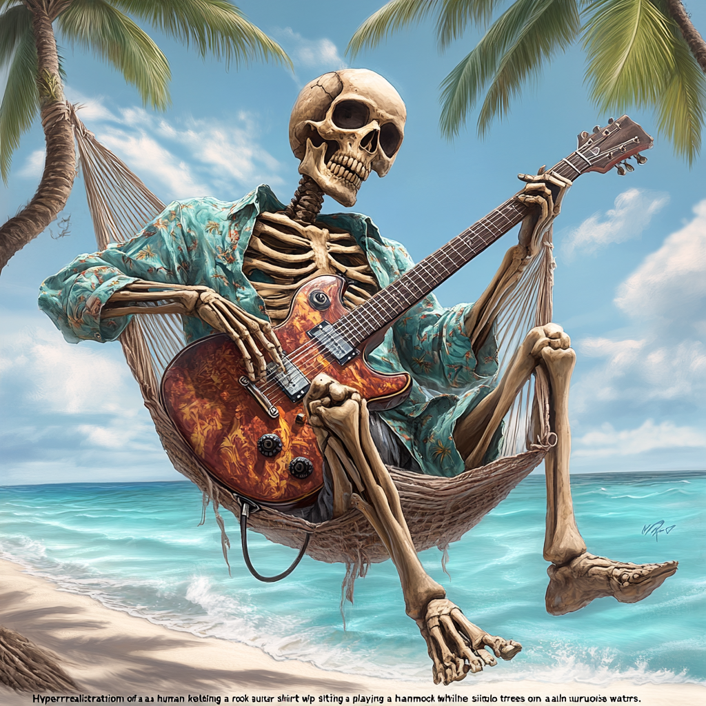 Skeleton playing guitar in beach hammock.