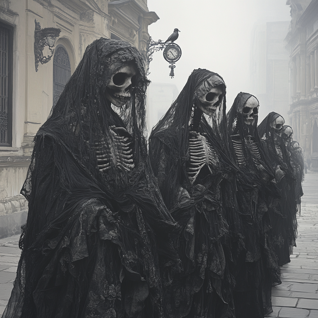 Skeleton procession in black attire under fog, eerie solitude.