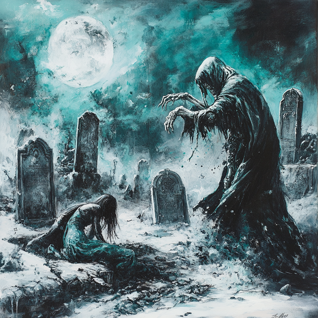 Skeleton pulling woman into grave in icy graveyard.