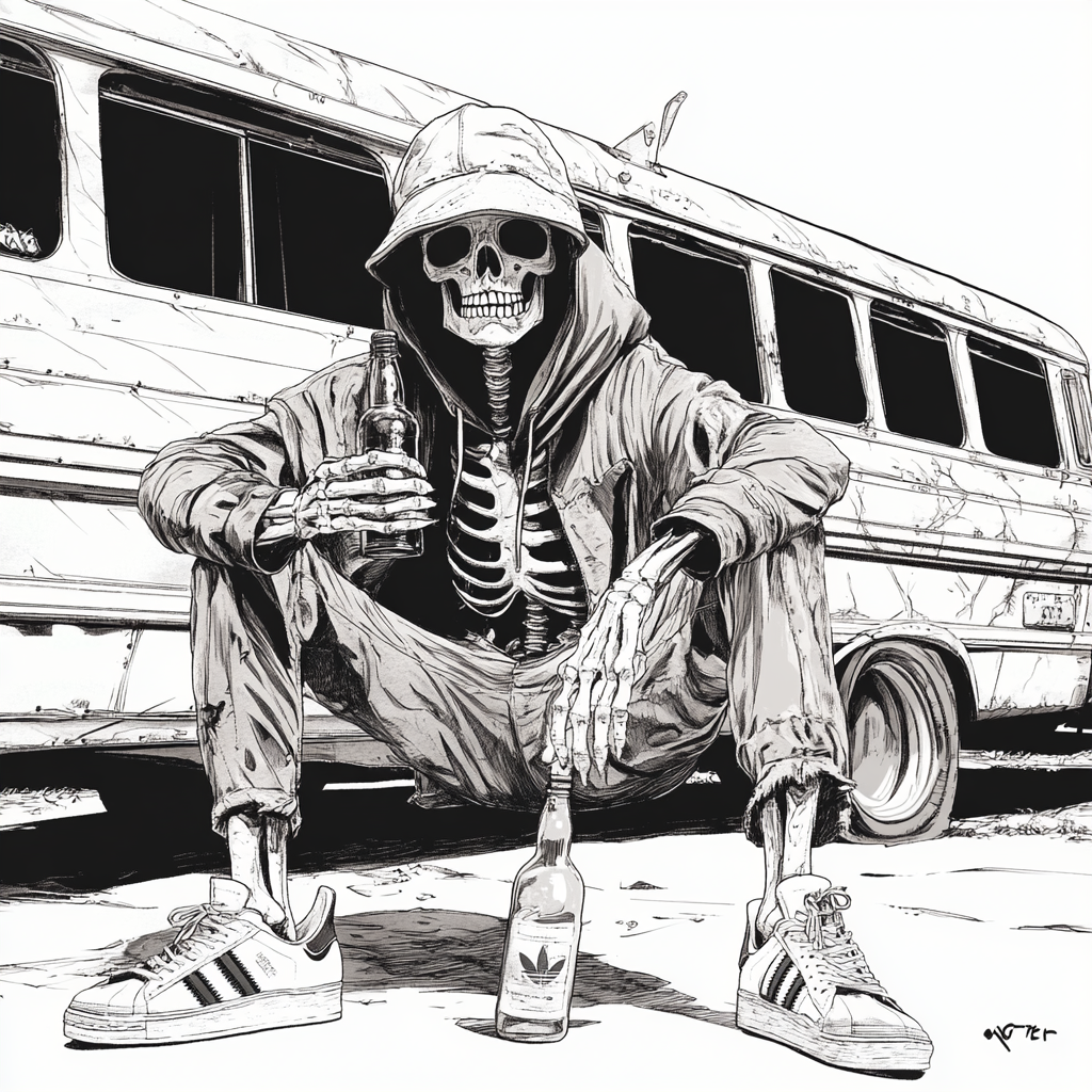 Skeleton squatting holding alcohol bottle near old bus -v 6.1