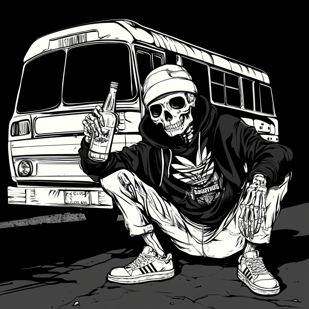 Skeleton squatting in front of old school bus with alcohol.