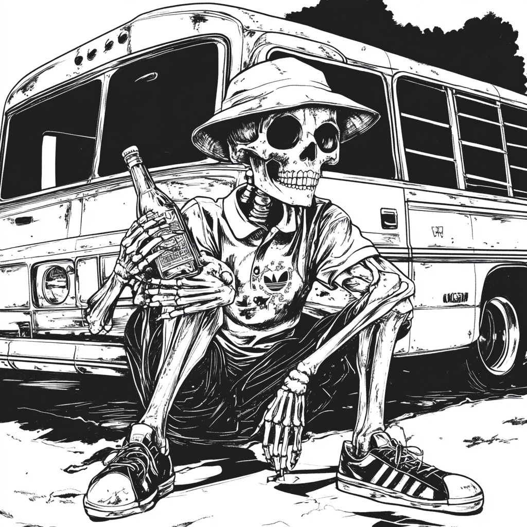 Skeleton squatting with alcohol bottle in front of bus.