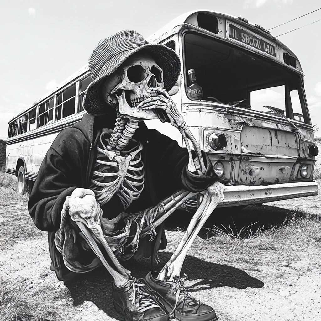 Skeleton squatting with alcohol in front of school bus.