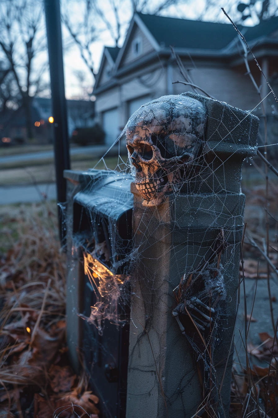 Skeleton waiting by mailbox in suburban neighborhood