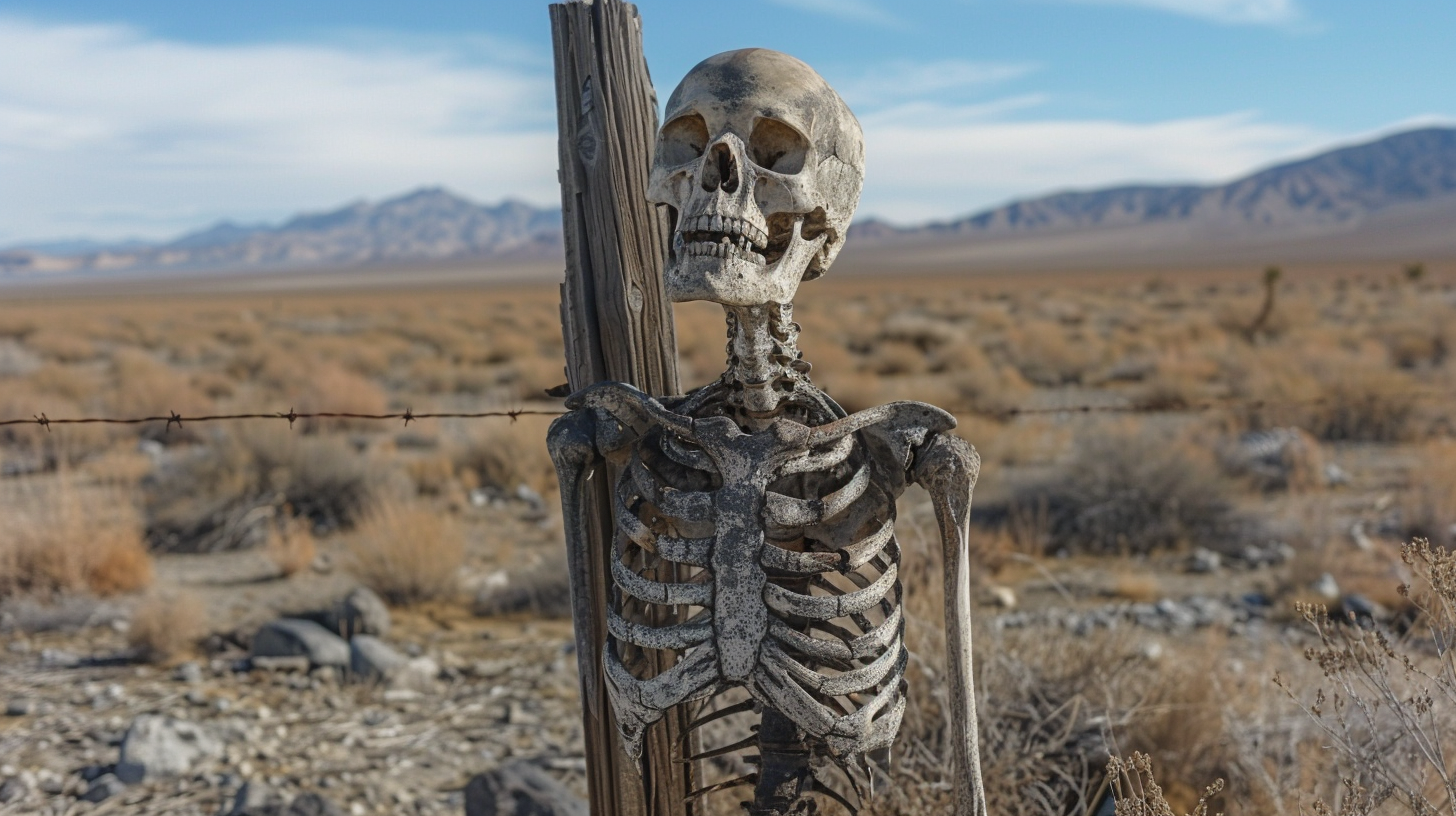 Skeleton wearing clothing on wooden pole in desert.