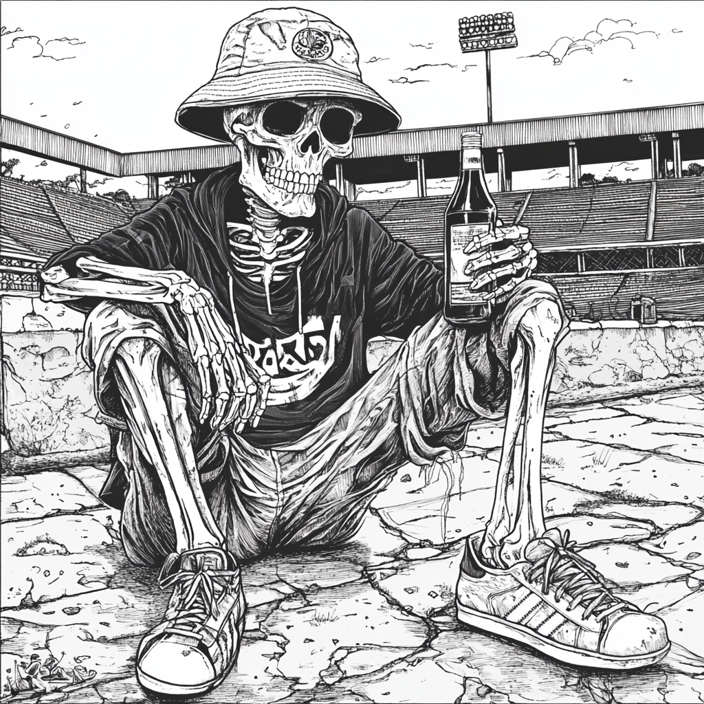 Skeleton with alcohol bottle squatting outside football stadium.