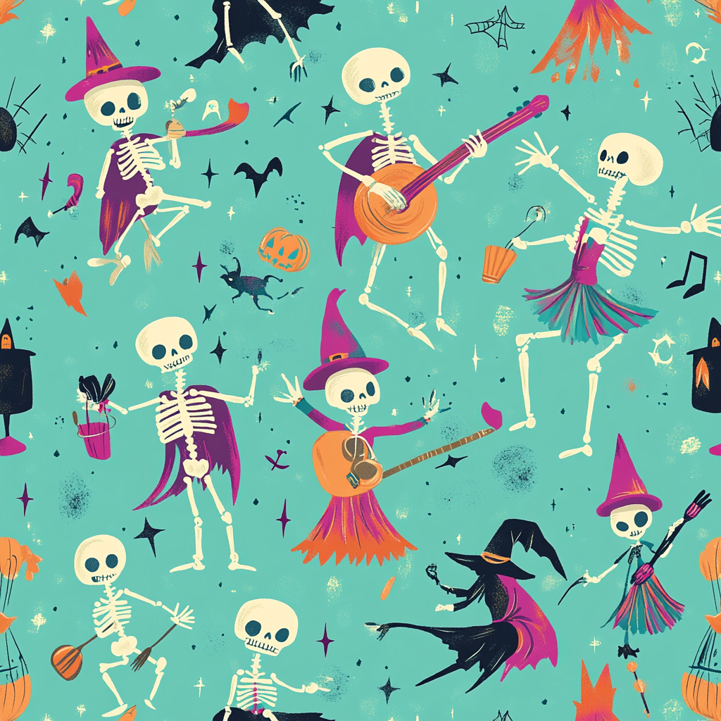 Skeletons, witches, vampires in playful Halloween diamond pattern.