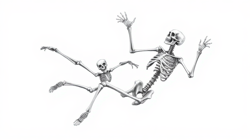 Skeletons in dramatic interaction: one falling, one catching.