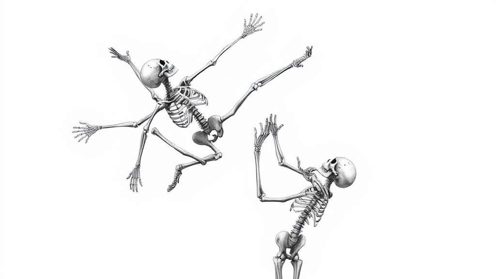 Skeletons in motion: one falls, one prepares to catch.