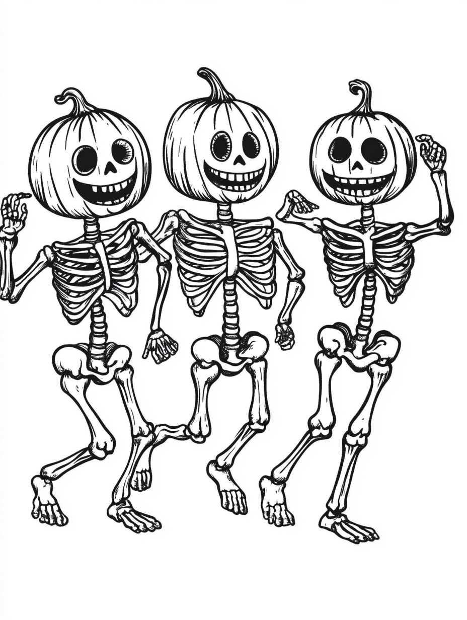 Skeletons with pumpkin heads dance on coloring book page.