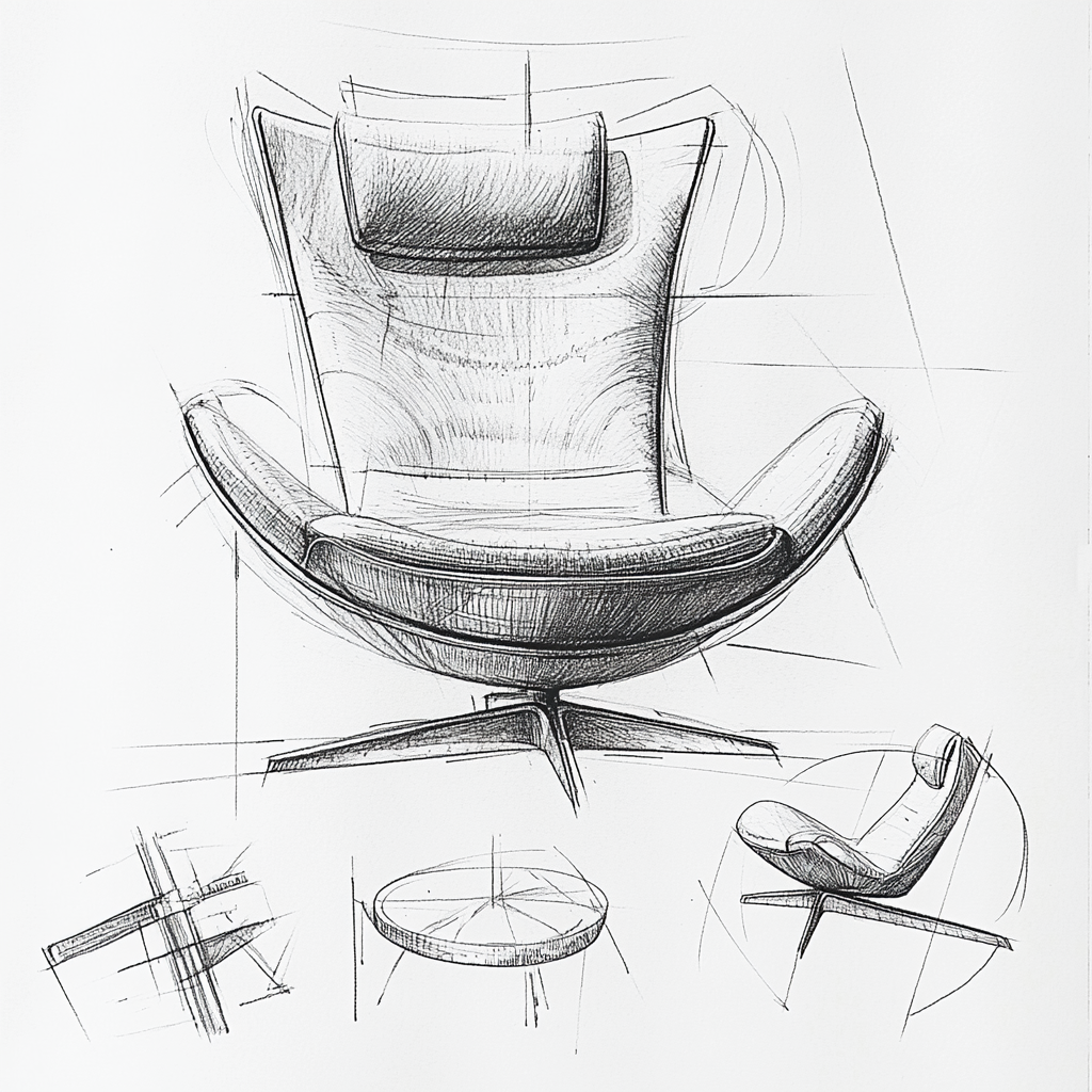 Sketch Jacobsen Series 7 chair with detailed views.