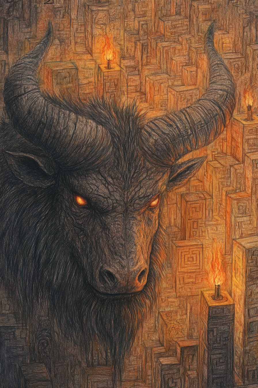 Sketch of Minotaur in maze with stone walls.