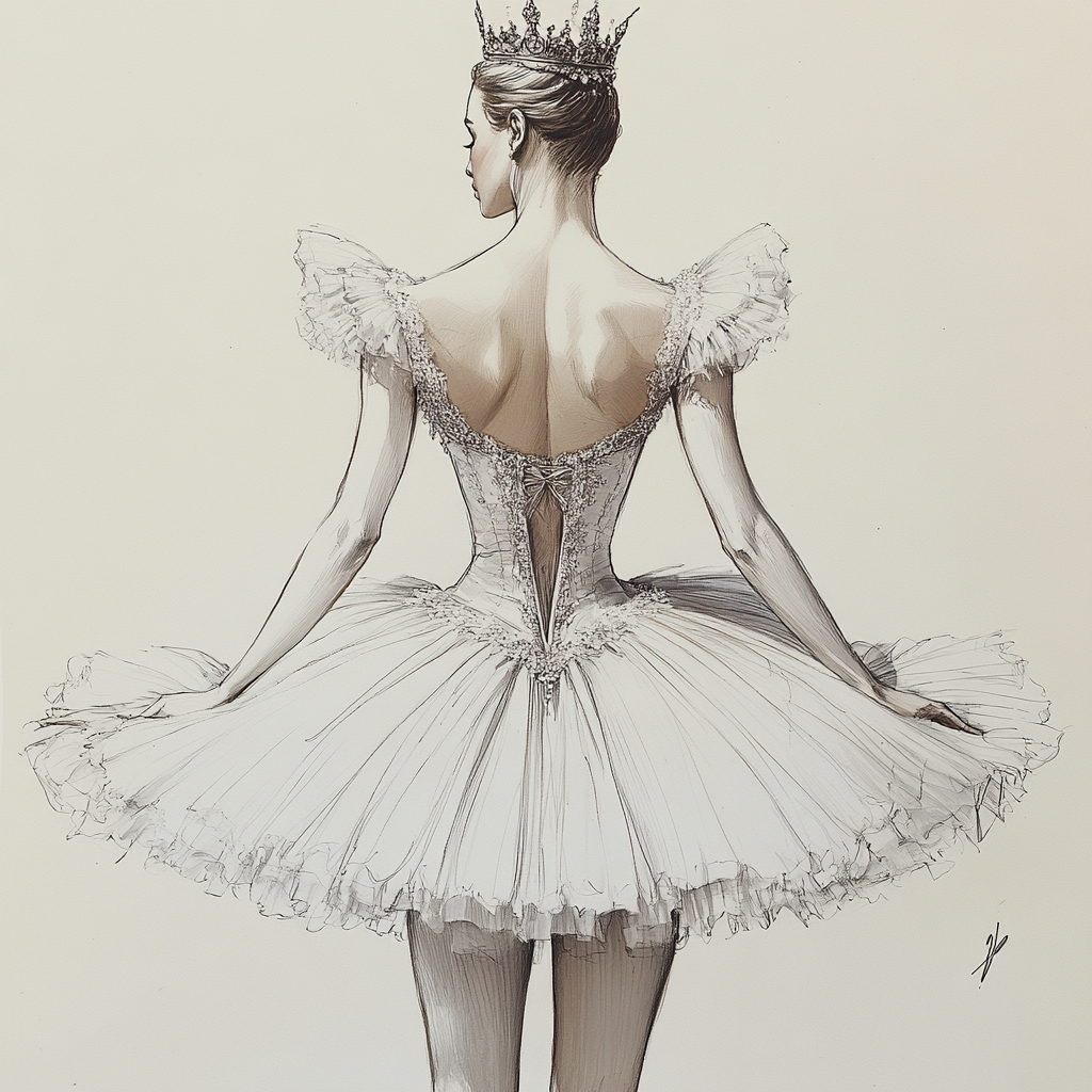 Sketch of ballerina in white tutu costume from front