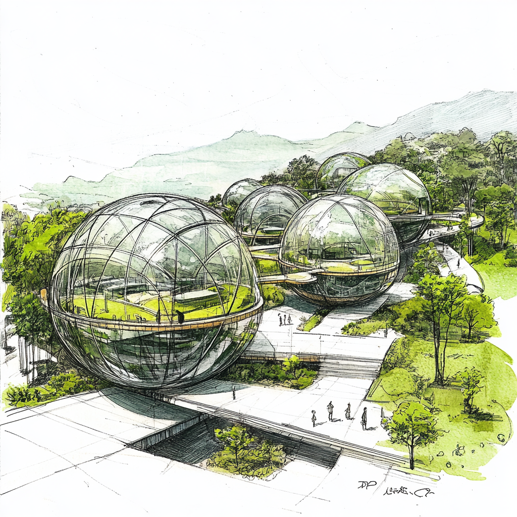 Sketch of biopark with green house domes and walkways