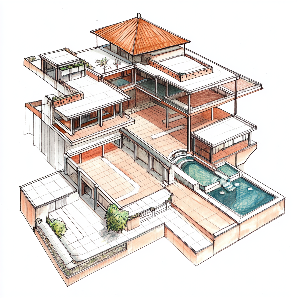 Sketch of building with terrace pool and culvinear roof.