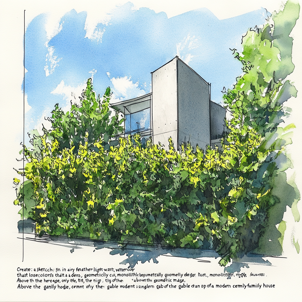 Sketch of dull laurel hedge with tip of house.