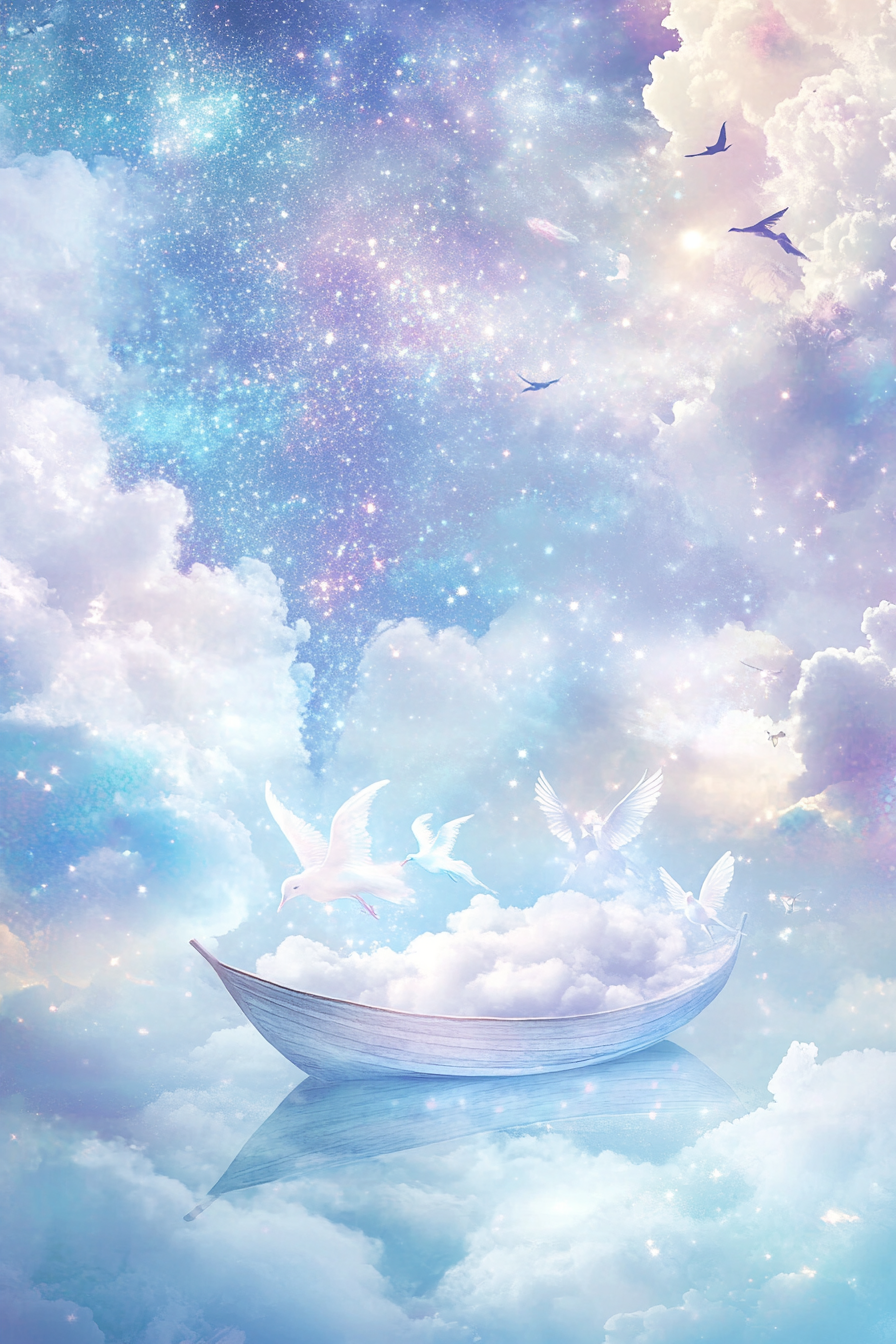 Sketch of floating cloud boat in star-filled night.