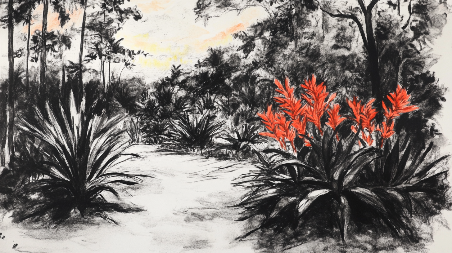 Sketch of lovely garden with aloe plants in sunset.