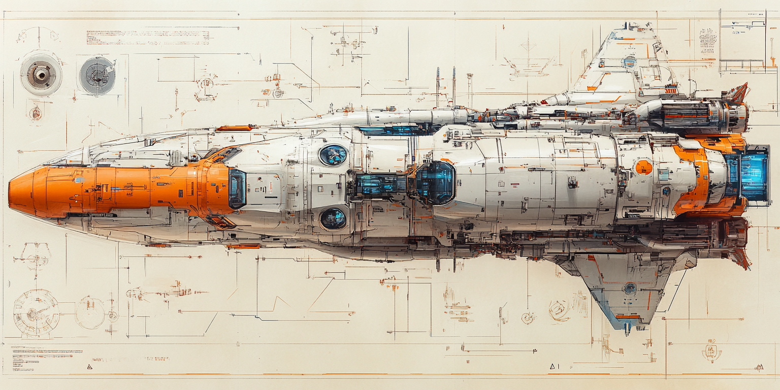 Sketch of space carrier frigate with hangar for mobile suits.