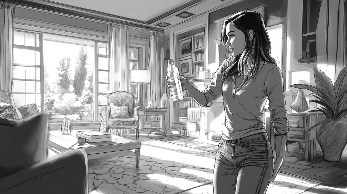 Sketch of woman pouring water in luxury living room.