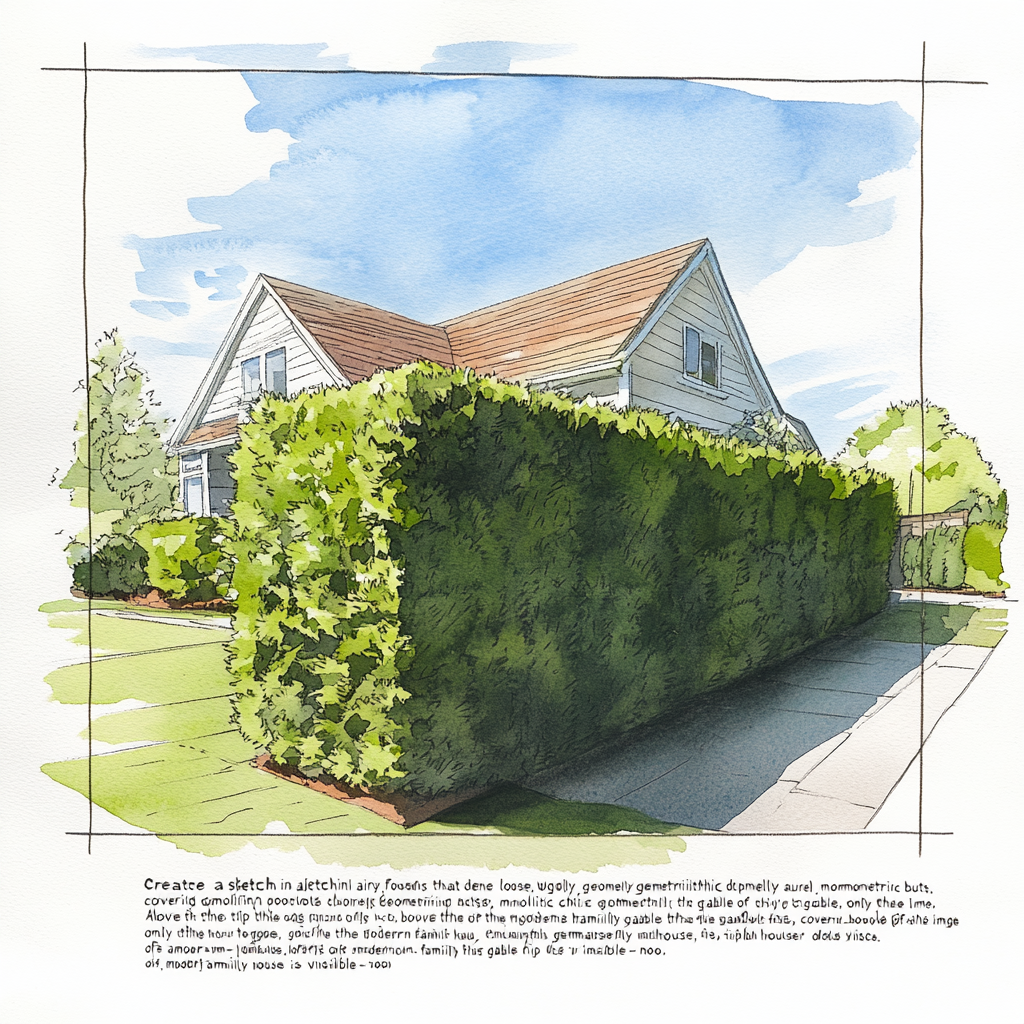 Sketch: Dense geometric laurel hedge, modern gable peeks out. Sky blue.