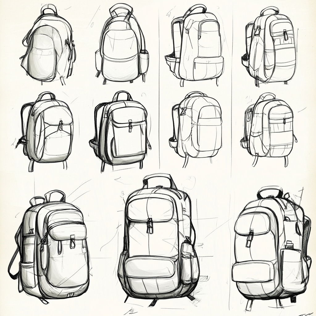 Sketches of gym bag with zipper, side opening, straps, and handles.