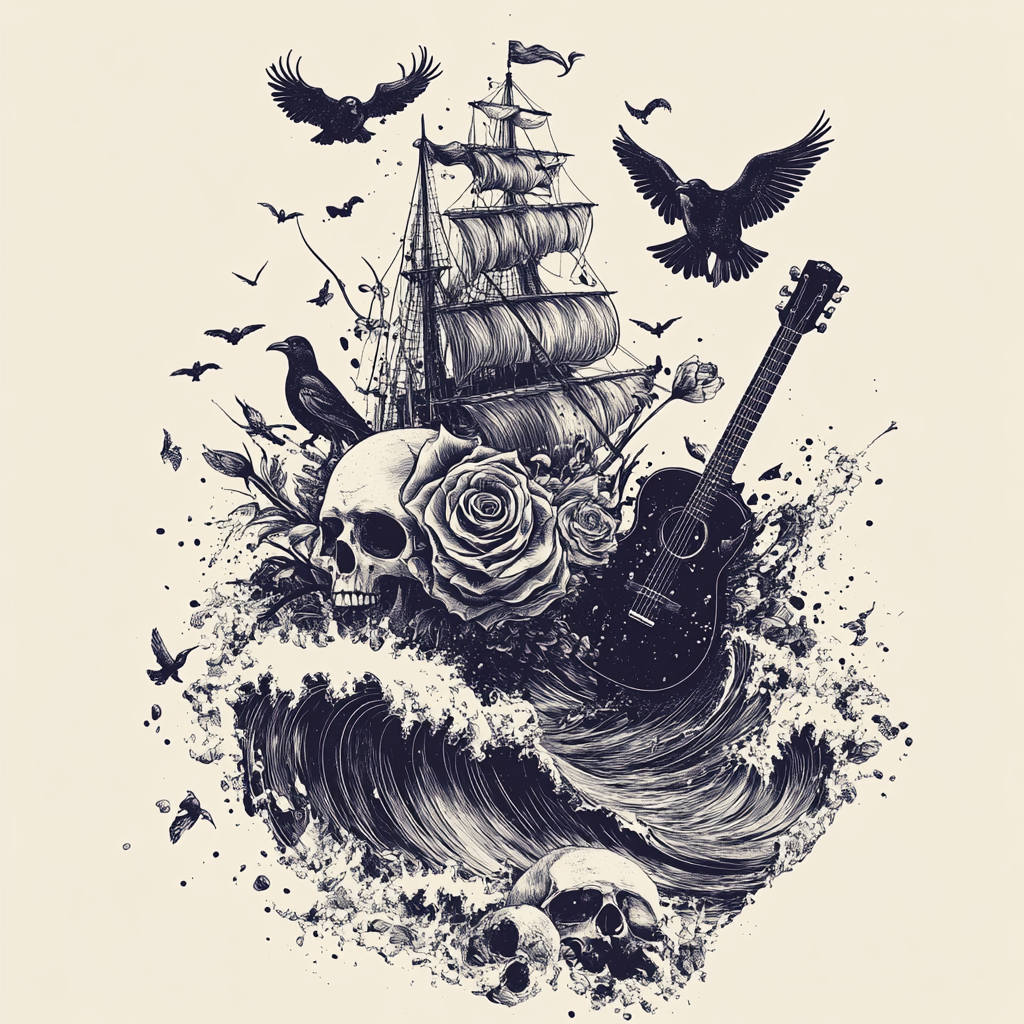 Sketches of rose, ship, guitar, crown, skull, ravens.