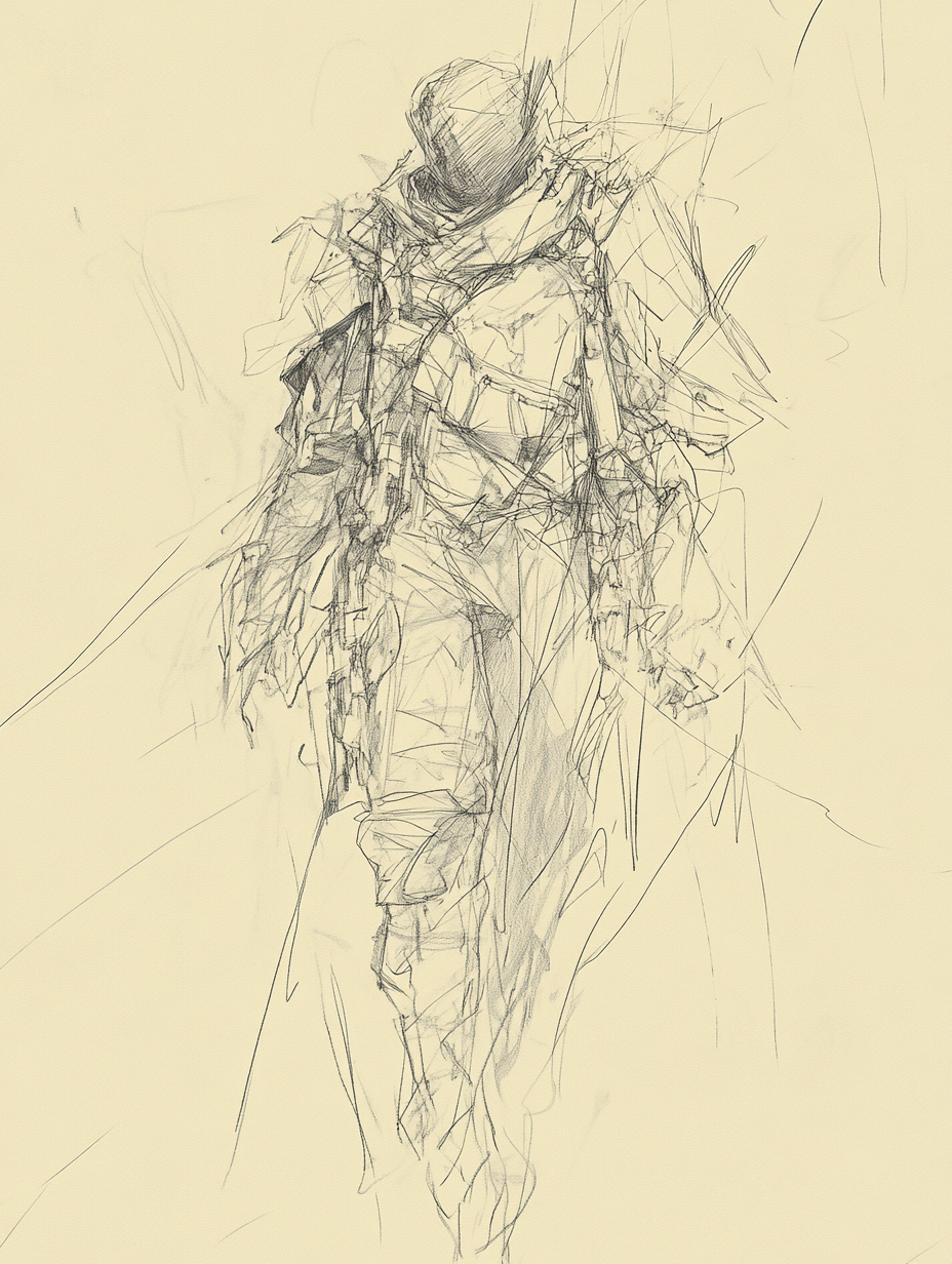 Sketchy pencil drawing of lone survivor in post-apocalyptic world.