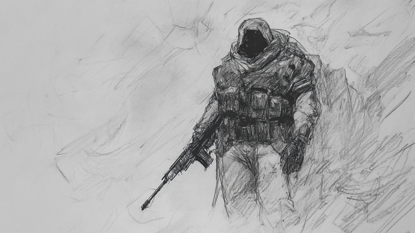 Sketchy pencil drawing of lone survivor post-apocalyptic world.