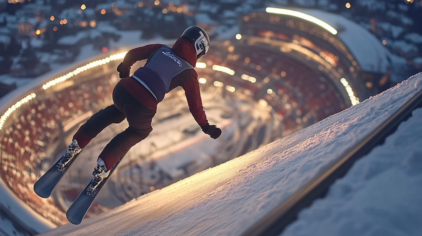 Ski jumper flying down illuminated slope at evening