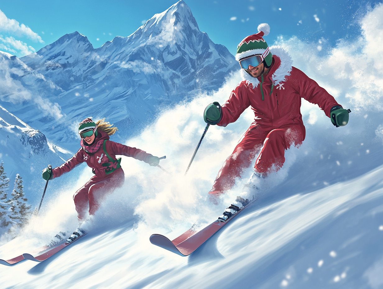 Skiing Couple on Snowy Mountain in Christmas Outfits.