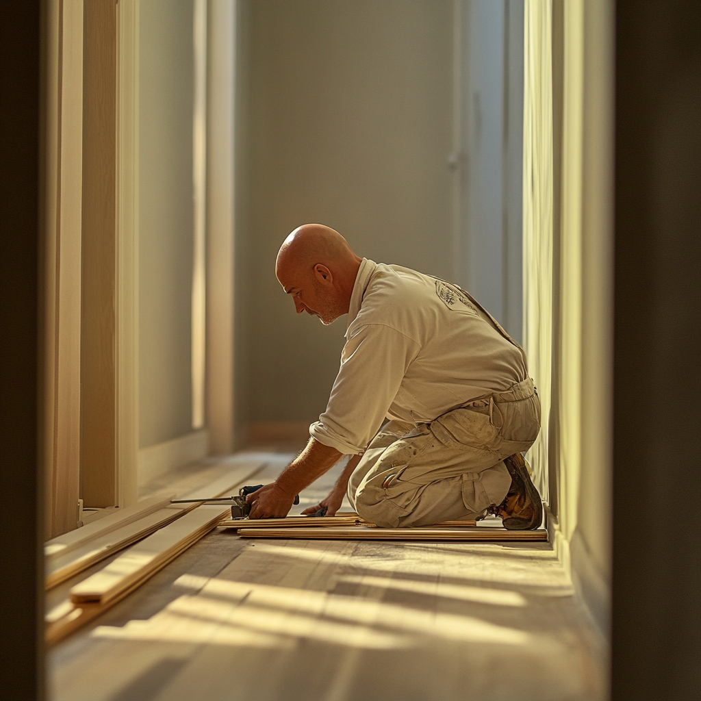 Skilled carpenter installing skirting boards in luxury home.