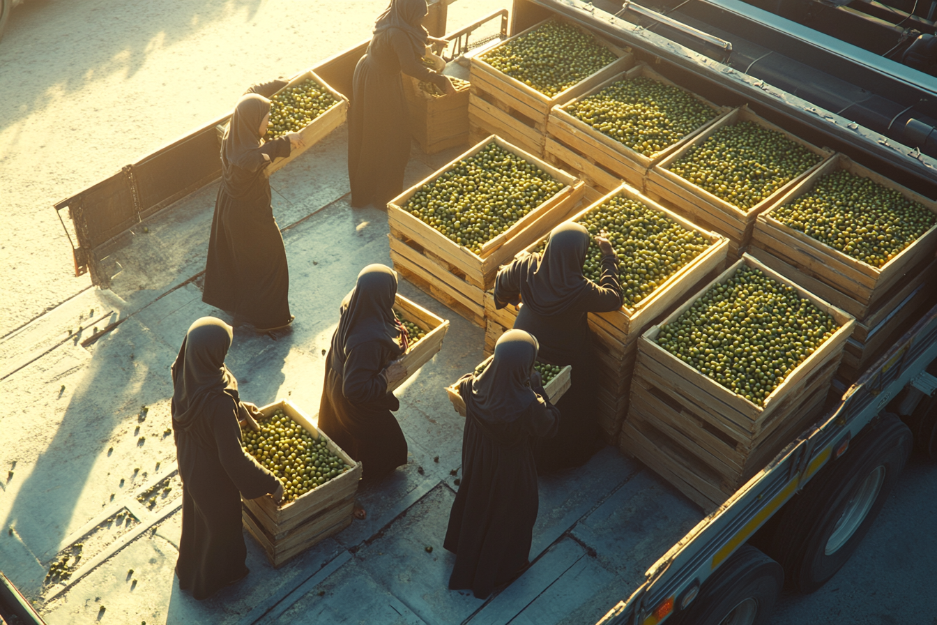 Skilled workers in hijabs loading olives in sunlight.